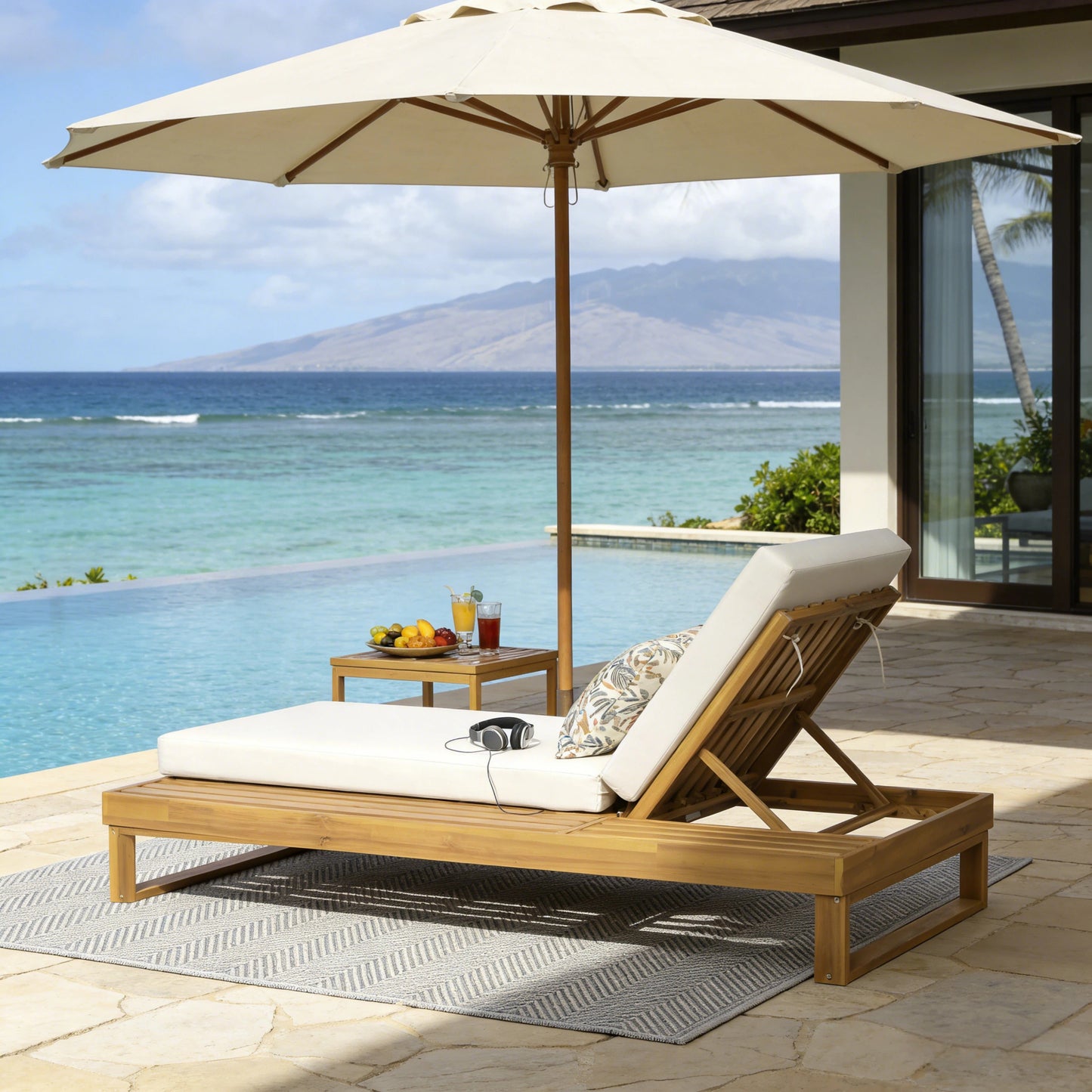 Teak Finish Acacia Wood Chaise Lounge with 4-Inch Cream 2-Fold Cushion Set, 4-Position Adjustable Outdoor Patio Lounger with Flat Side Surface, for Poolside - Matching dark grey version available