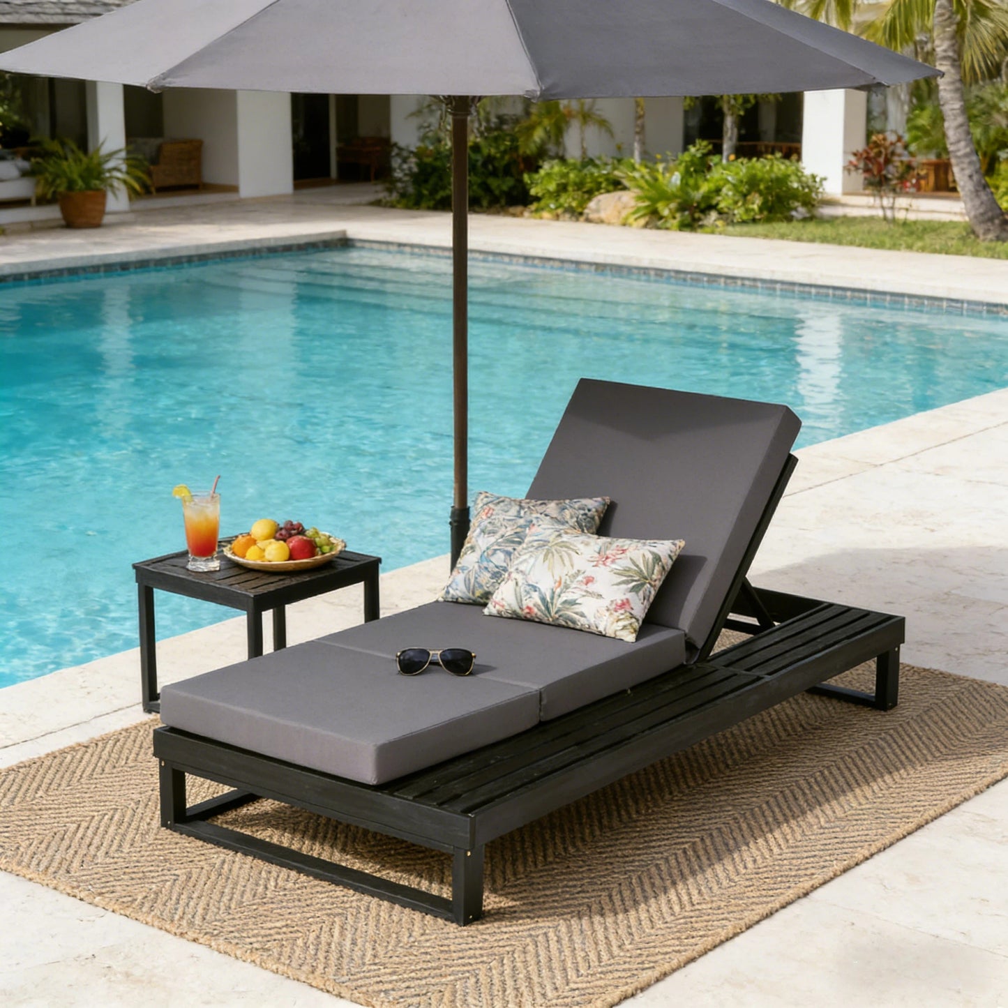 Black Acacia Wood Chaise Lounge with 4-Inch Dark Grey 3-Fold Cushion Set, 4-Position Adjustable Outdoor Patio Lounger with Flat Side Surface, for Poolside- Matching cream version available