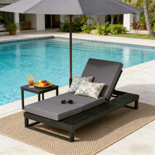 Black Acacia Wood Chaise Lounge with 4-Inch Dark Grey 3-Fold Cushion Set, 4-Position Adjustable Outdoor Patio Lounger with Flat Side Surface, for Poolside- Matching cream version available