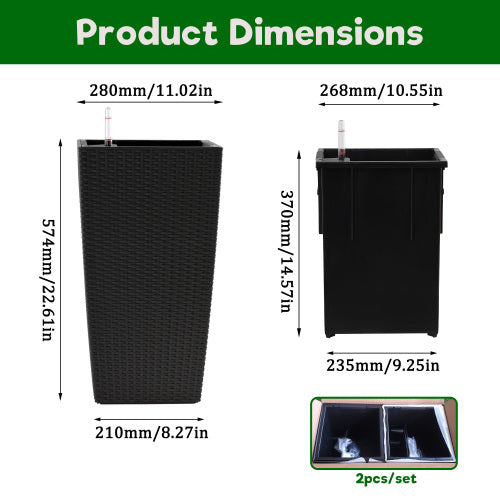 Black Wicker Square Flower Pot With Automatic Watering System Making Flower Cultivation Easier(Black, 2-Pack)
