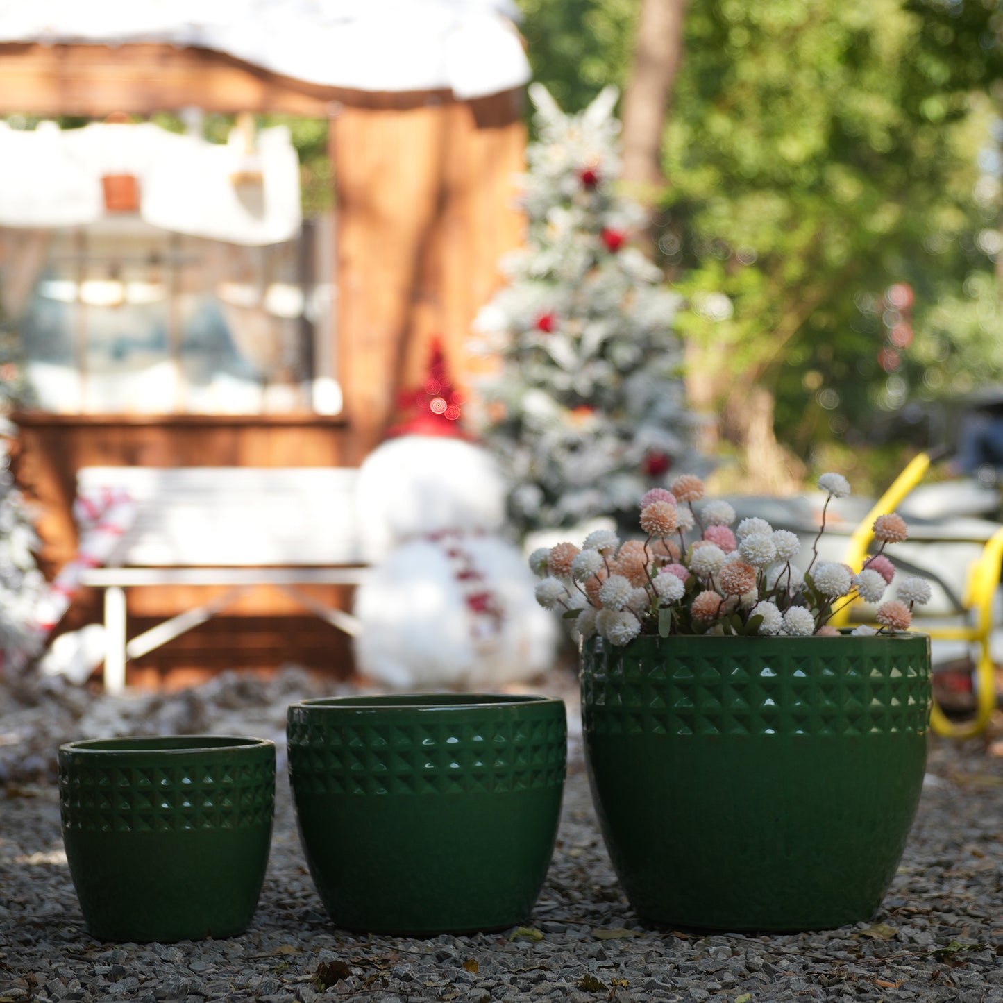 Handmade Ceramic Planter Set of 3, 15/12/9 Inch Diameter, Green Diamond Pattern, for Orchids & Succulents Indoor/Outdoor Use on Windowsill & Bookshelf, Breathable Clay