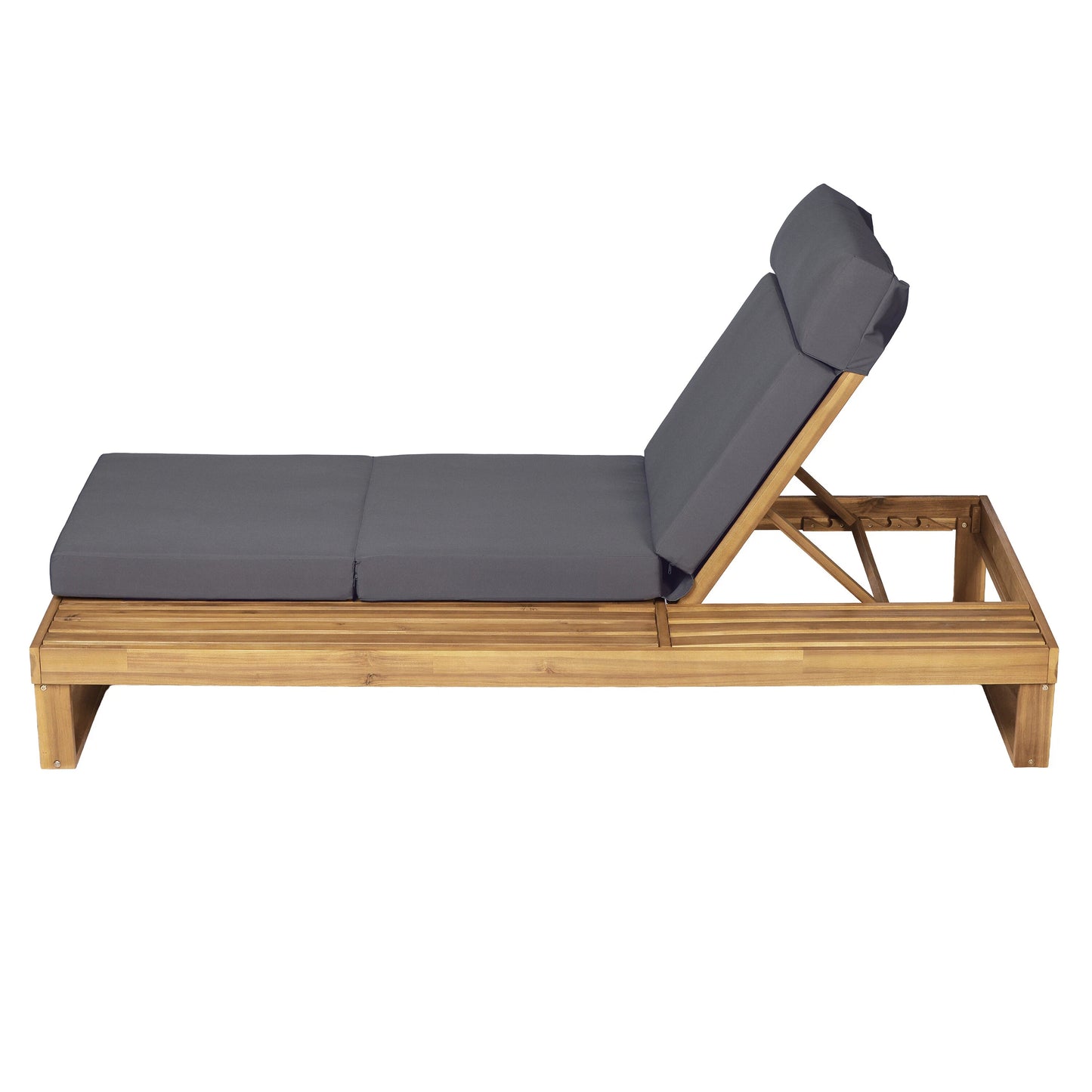 Teak Finish Acacia Wood Chaise Lounge with 4-Inch Dark Gray 4-Fold Cushion Set, Adjustable Outdoor Patio Lounger with Flat Side Surface, for Poolside- Matching cream,beige version available