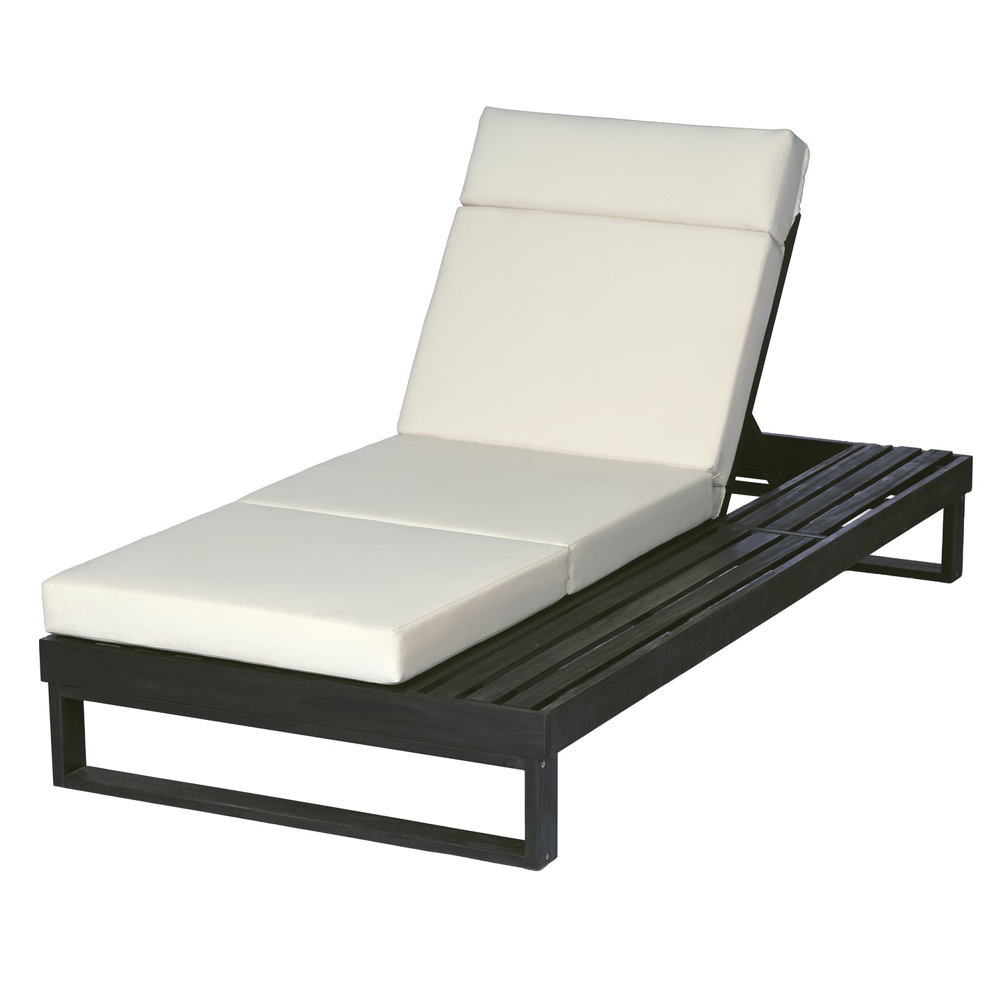Black Acacia Wood Chaise Lounge with 4-Inch Beige 4-Fold Cushion Set, Adjustable Outdoor Patio Lounger with Flat Side Surface, for Poolside- Matching cream,dark gray version available