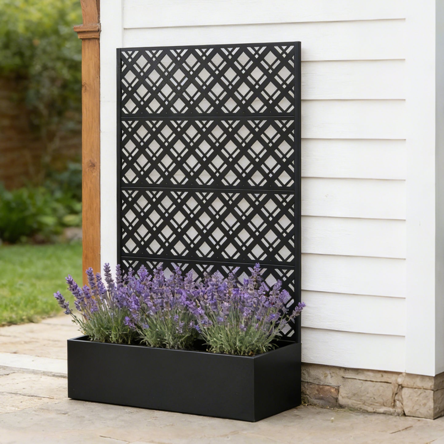 Metal Planter Raised Garden Bed with Trellis 70.9in H x 43.3in W x 15.8in D - Garden Box for Climbing Plants Flowers Vegetable with Drainage Holes, Rhombus Black