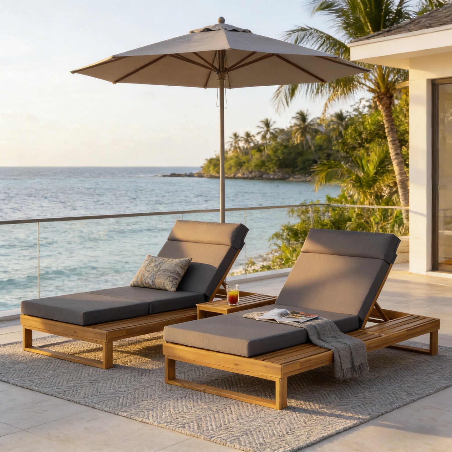 Teak Finish Acacia Wood Chaise Lounge with 4-Inch Dark Gray 4-Fold Cushion Set, Adjustable Outdoor Patio Lounger with Flat Side Surface, for Poolside- Matching cream,beige version available