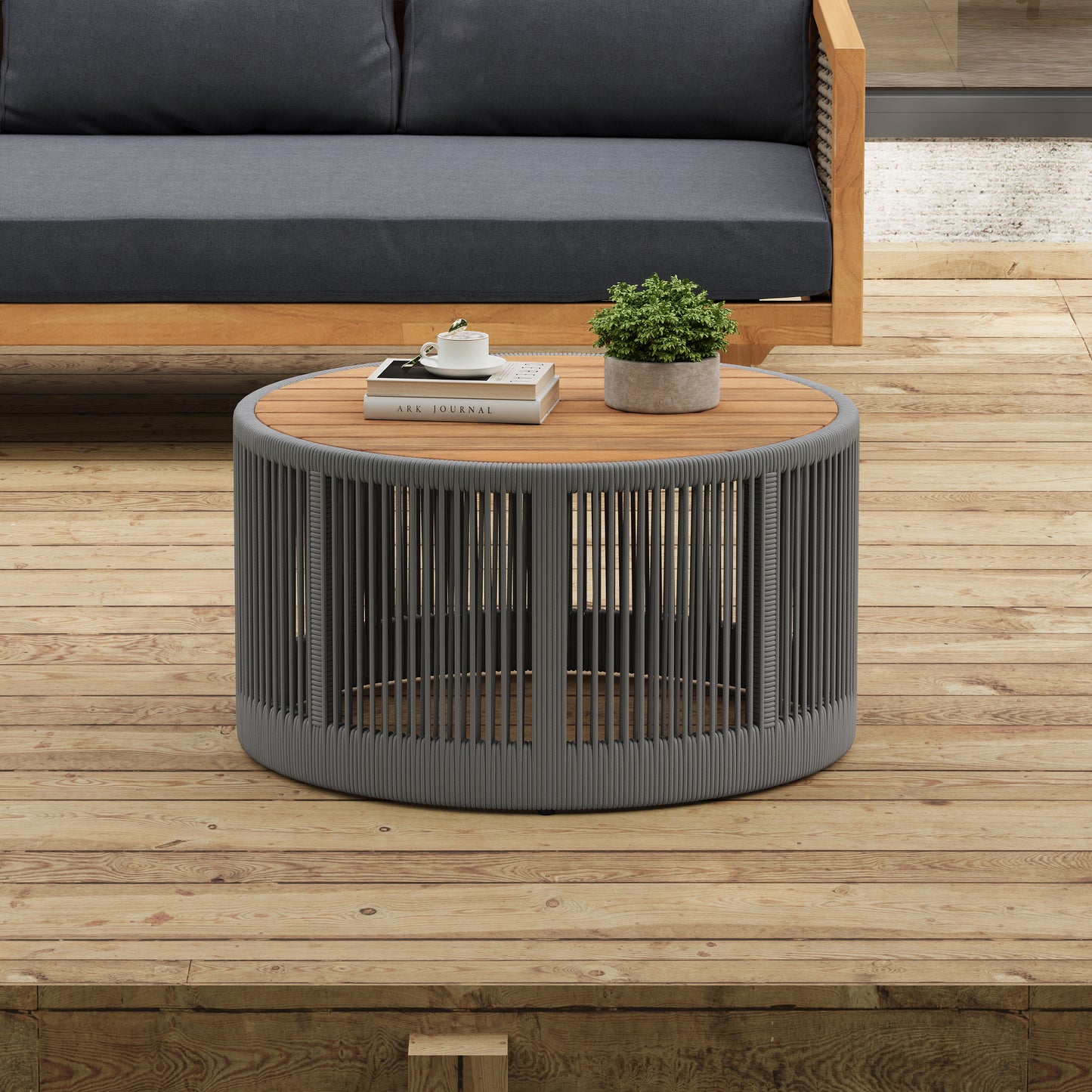 Rustic Industrial Table Set,Coffee Table & Side Table with Woven Rope Design, Modern Functionality Stylish Table Set for Living Room and Home Decor-Rope Grey