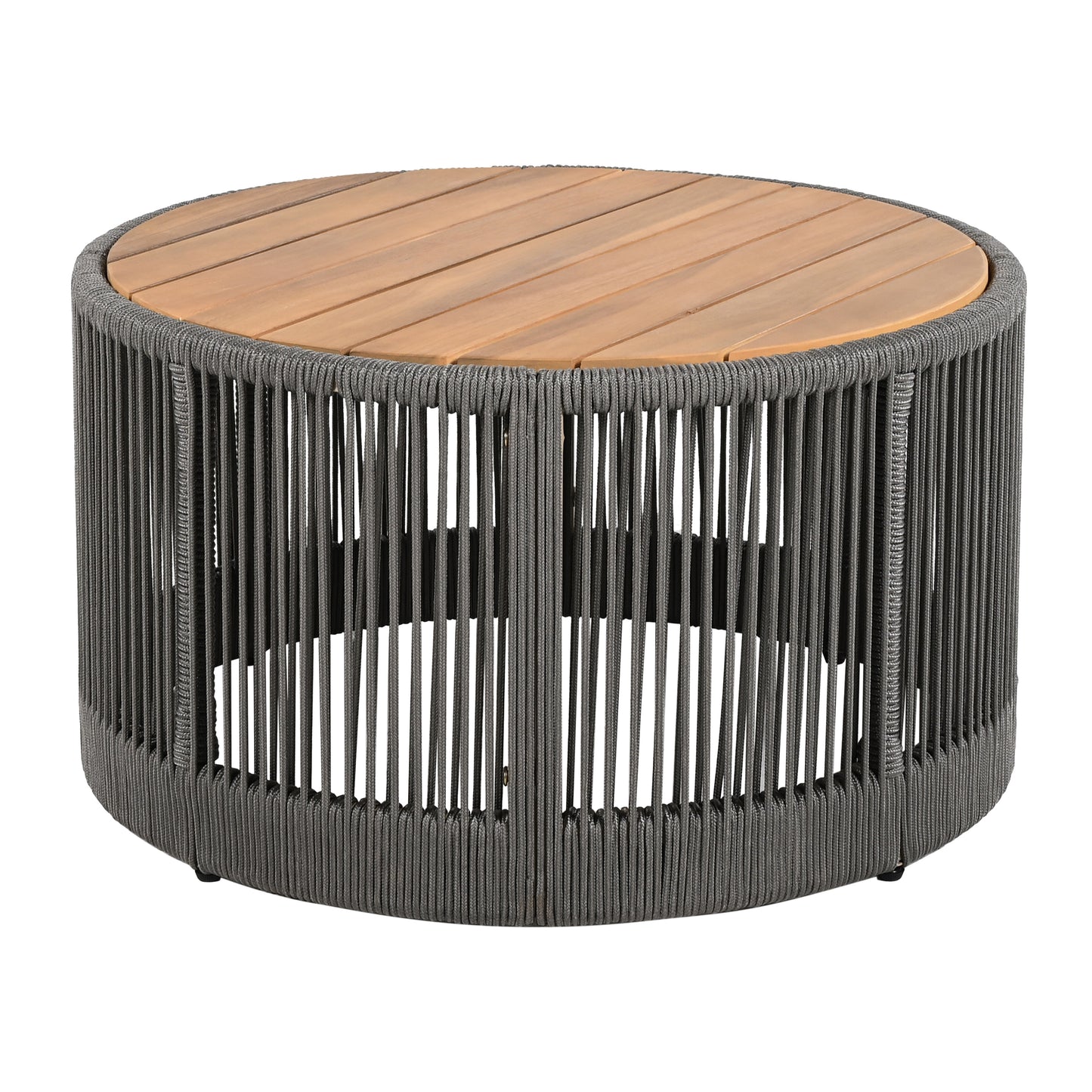 Outdoor Rattan rope & Acacia Wood Coffee Table - Patio Balcony Furniture for Garden, Yard, Balcony - Weather Resistant (Rope Grey, Natural Iron)