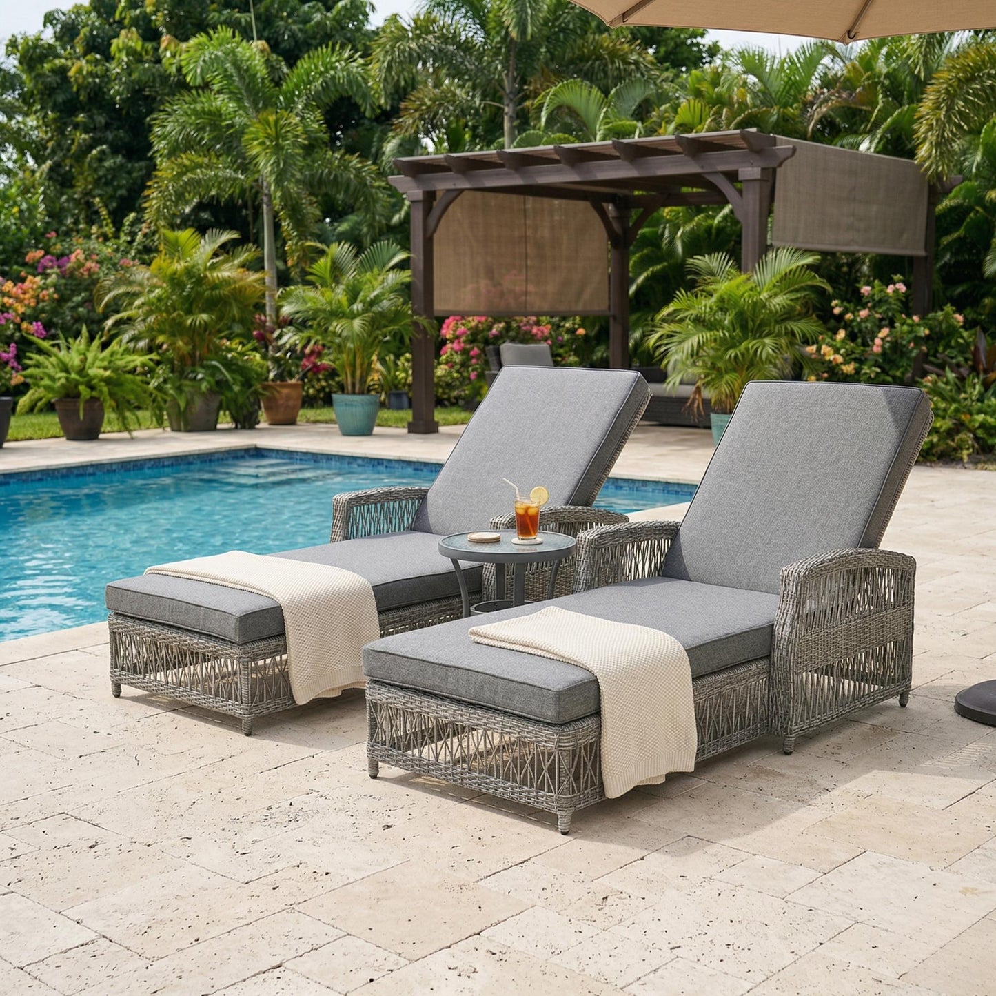 GO 2 Pieces Long Reclining Chaise, Outdoor Wicker Lounge with Armrests, Patio Adjustable Recliner with Soft Removable Cushions, All Weather Rattan Pool Lounge for Poolside & Garden, Gray