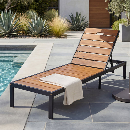 Outdoor Chaise Lounges Pool Lounge Chairs Outdoor Daybed Recliner with Adjustable Backrest for Patio, Poolside or Beach, Black+Natural