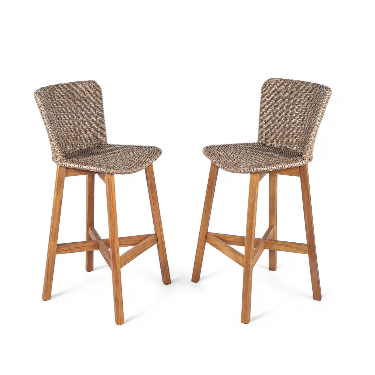 Lymington Outdoor Bar Stool, Teak Finished Wood with Light Brown Wicker, Set of 2