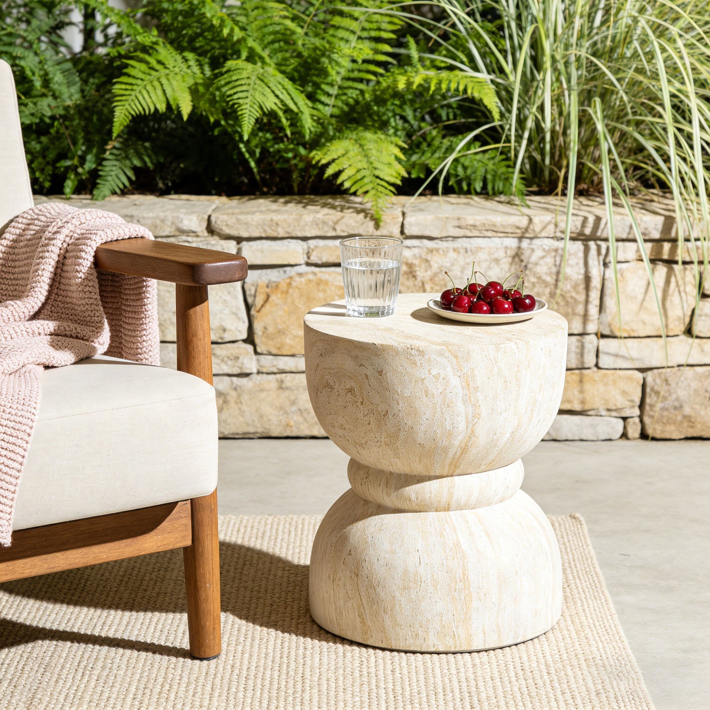 U_Style Outdoor Concrete Side Table,Rounded Waist Outdoor End Tables, Decorative Garden Stools for Indoor Outdoor With Imitation Natural Stone Texture Patio Accent Side Table