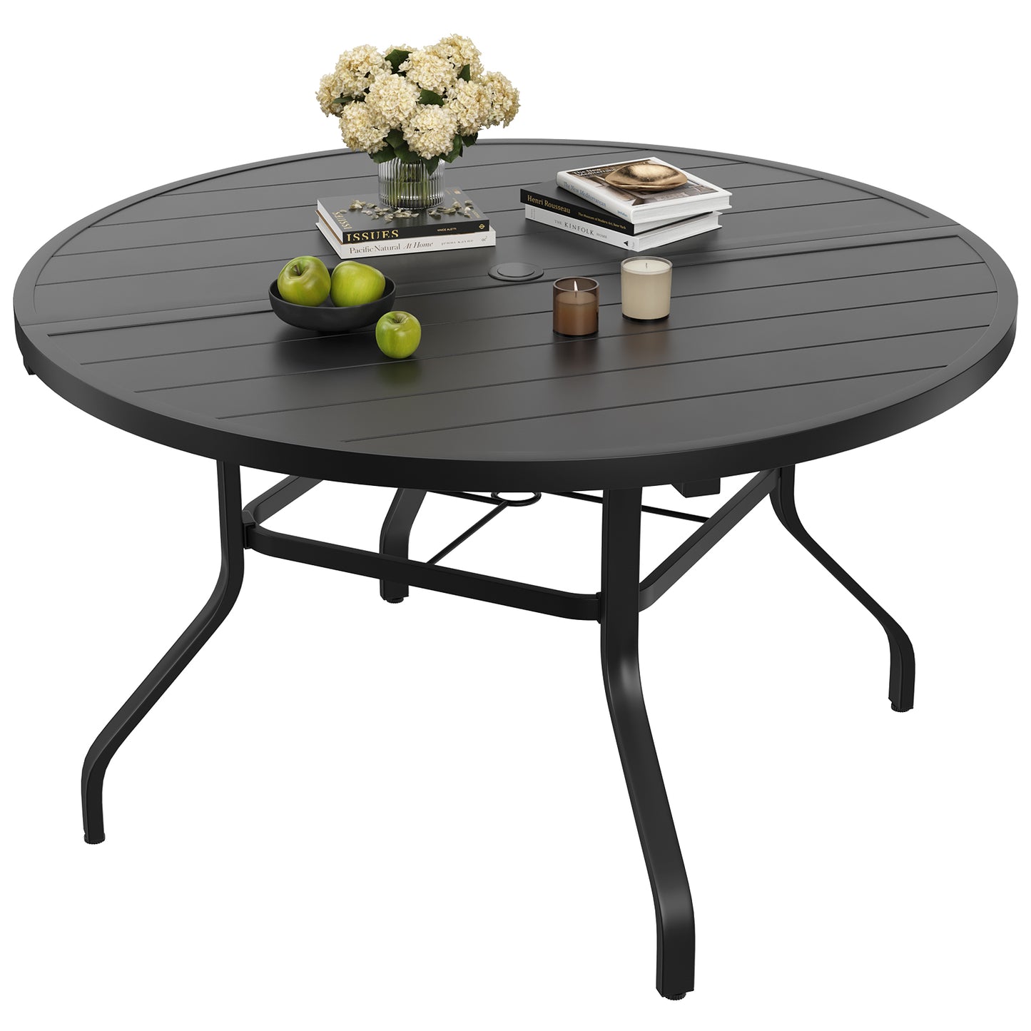 Round Outdoor Patio Dining Table, 47" Round Patio Table Wood-Like Grain with 1.57" Umbrella Hole, Metal Outdoor Dining Tables for Backyard and Poolside