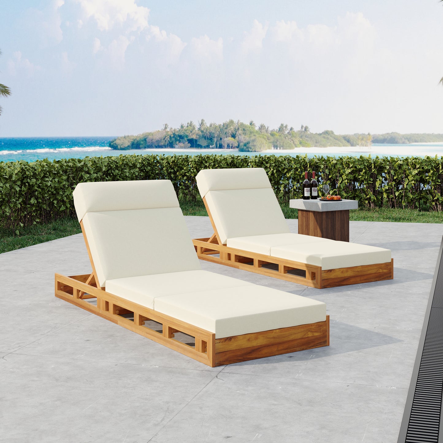 LOUNGE CHAISE SET WITH HEADREST, ACACIA WOOD WITH WATER-RESISTANT LOUNGE CUSHIONS (BEIGE & 3-FOLD & 4 inch) - MATCHING DARK GREY/CREAM VERSION AVAILABLE