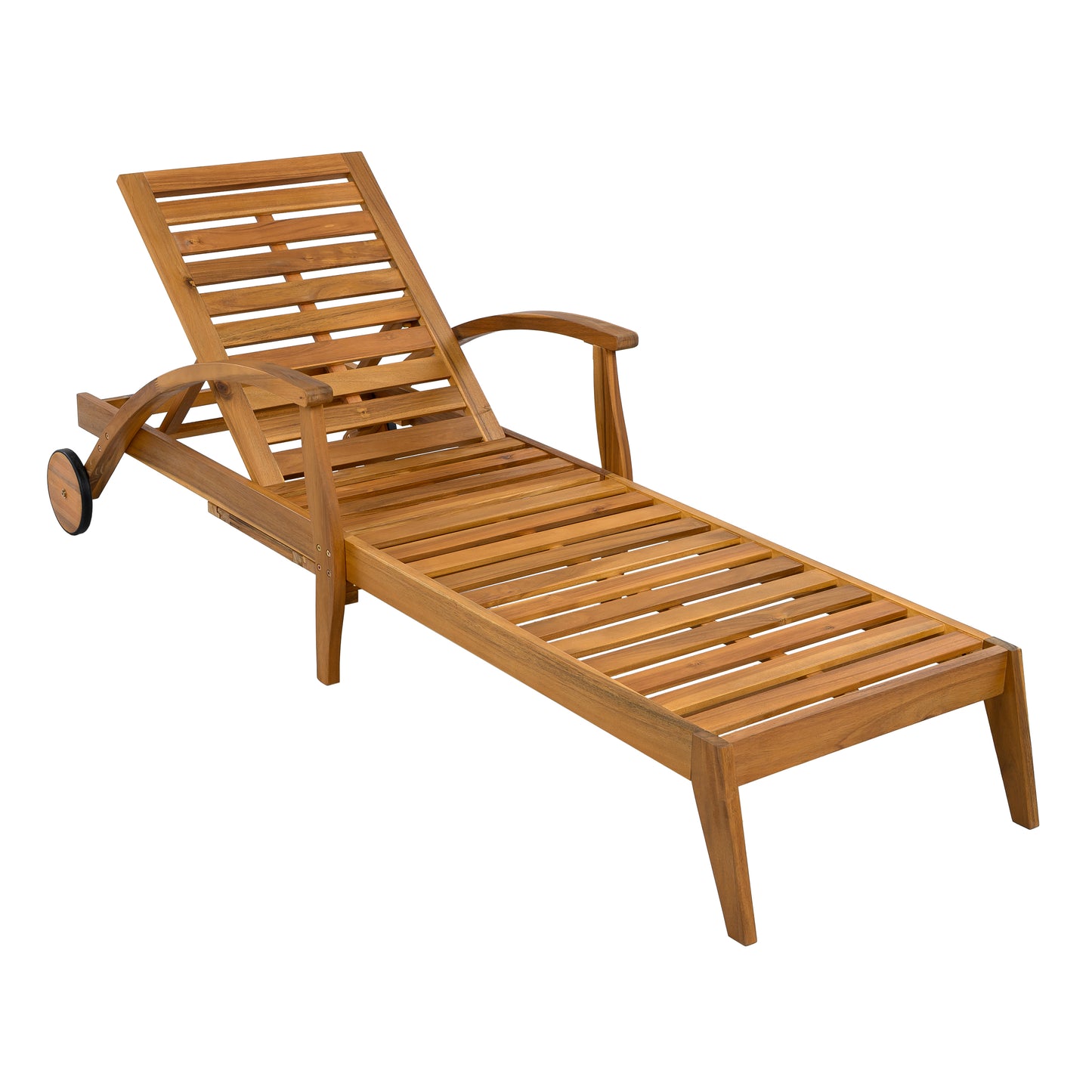 CHAISE LOUNGE WITH WHEEL - ACACIA WOOD RECLINER FOR PATIO/GARDEN, WITH 2INCH WHITE CUSHION, 4-POSITION ADJUSTABLE BACKREST, VERSATILE OUTDOOR FURNITURE