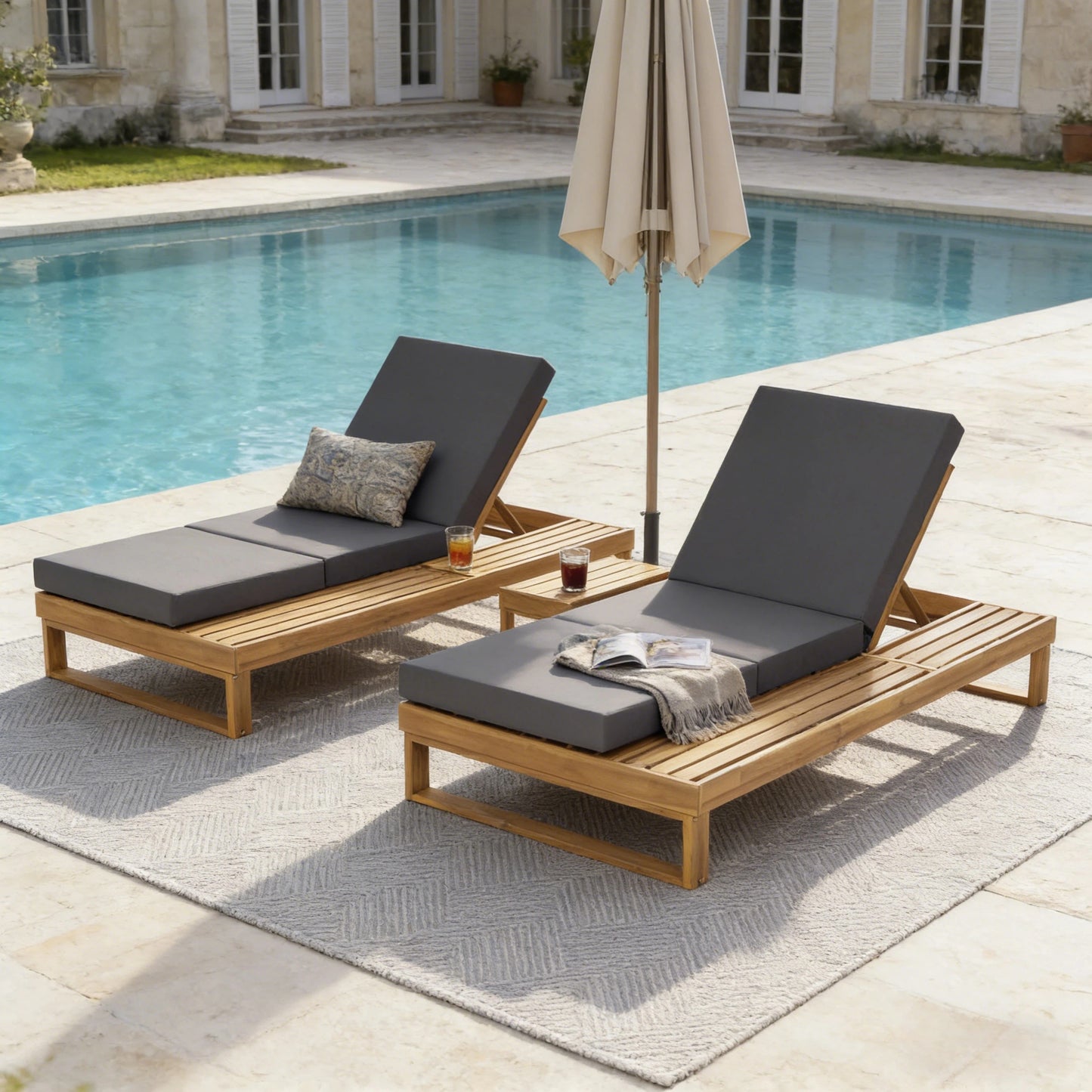 Teak Finish Acacia Wood Chaise Lounge with 4-Inch Dark Grey 3-Fold Water-Resistant Cushion Set, 4-Position Adjustable Outdoor Patio Lounger with Flat Side Surface- Matching cream version available