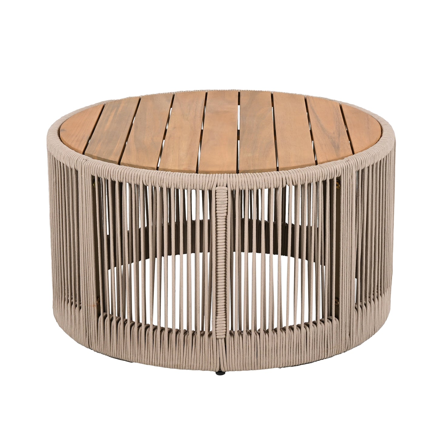 Outdoor Rattan rope & Acacia Wood Coffee Table - Patio Balcony Furniture for Garden, Yard, Balcony - Weather Resistant(Rope Beige, Natural Iron)