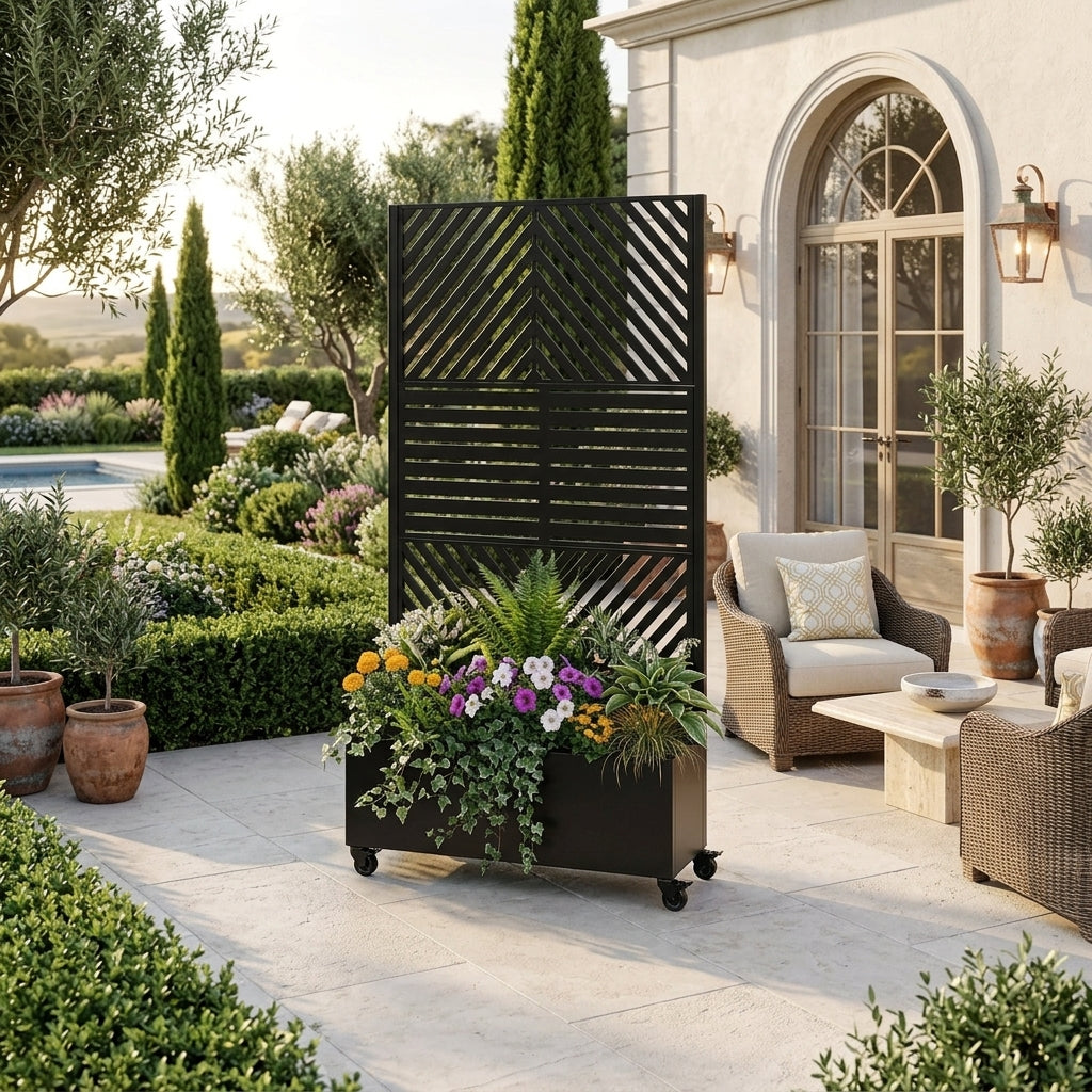 Metal Planter Box with Trellis, 73"x35"x16 Metal Raised Garden Bed with Trellis, Metal Planter Box with Drainage Holes & Lockable Wheels & Privacy Screen for Climbing Plants, Vegetables, Vines