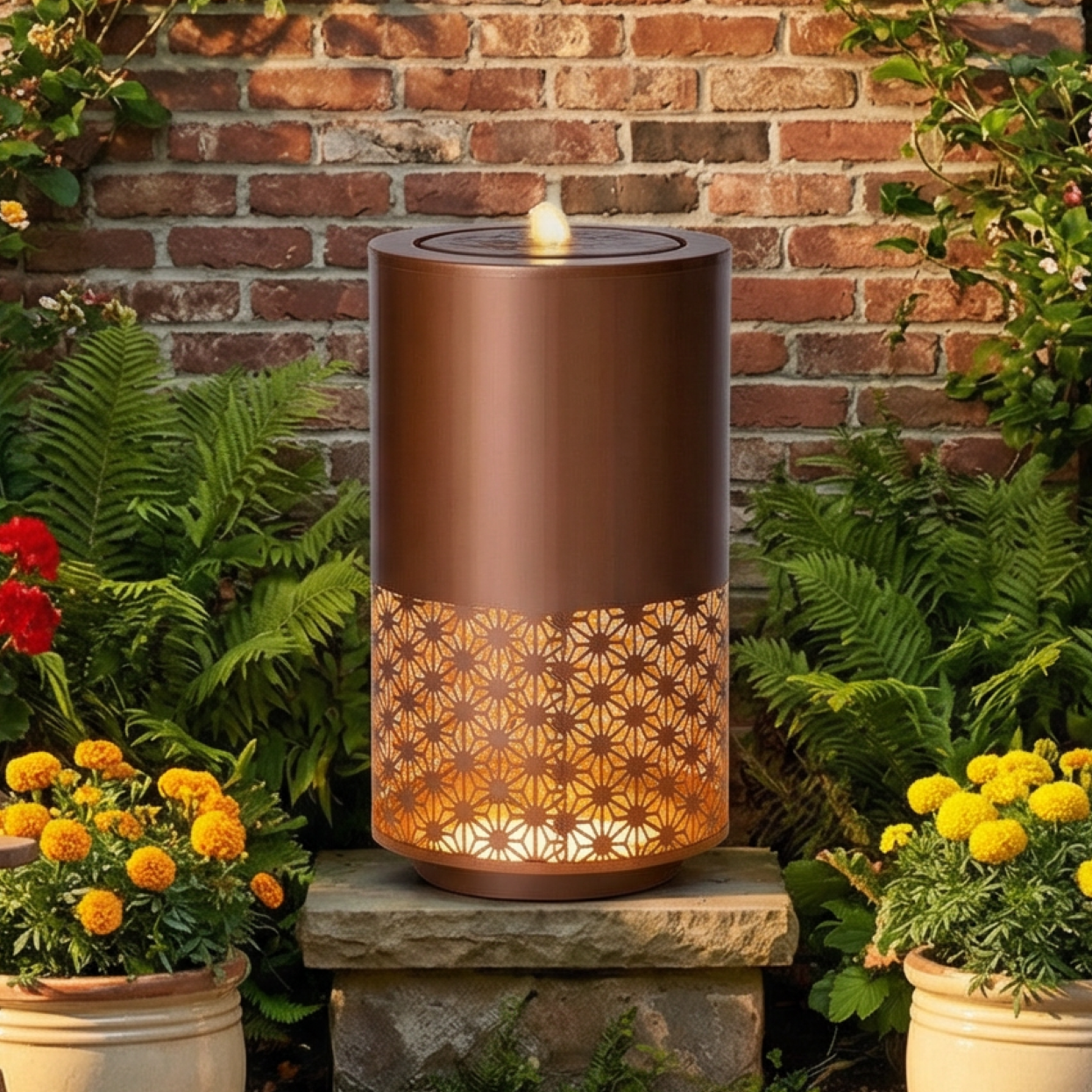 20.87"H Brown Metal Cutout Outdoor Water Fountain with LED Lights, Modern Freestanding Candle Style Water Feature for Patio Backyard Decor