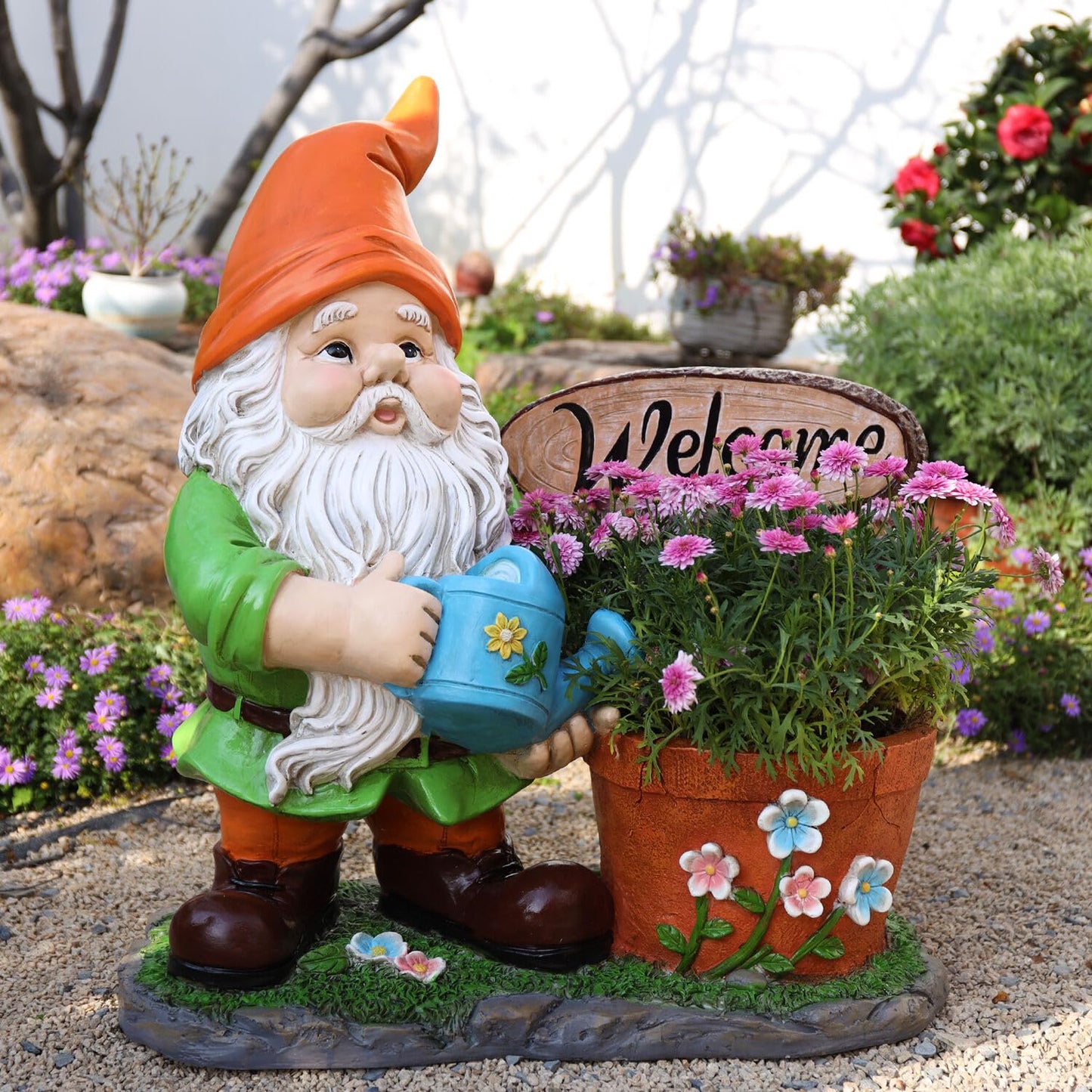 Outdoor Garden Sculpture Gnome Flower Pot Planter - Unique Yard Statue Decoration, Interesting Law Outdoor Ornament