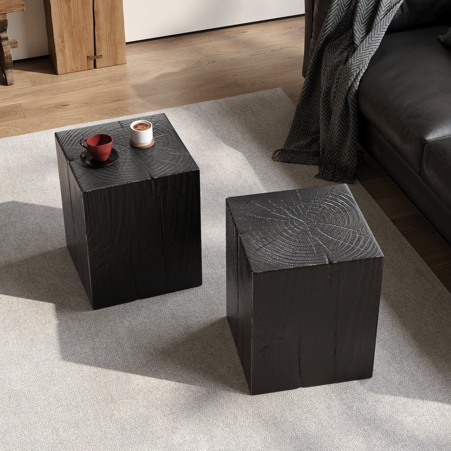 Wood-Look Square-Column MGO End Table, H18",Wood-Like Distressed Finish, Mix with Different Heights, Indoor Outdoor Use,Black Color