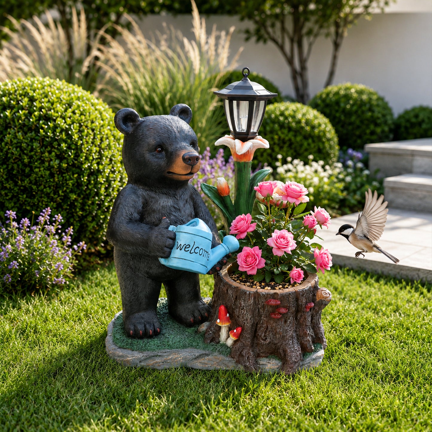 Standing Black Bear Garden Planter with Decorative Solar Lantern - Whimsical Polyresin Wildlife Flower Pot for Porch & Patio Decor