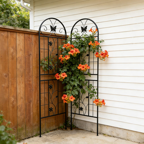 86.7 in. Black Iron Garden Trellis Outdoor Climbing Plant/Flower Support (2-Pack) Butterfly and Flower Design