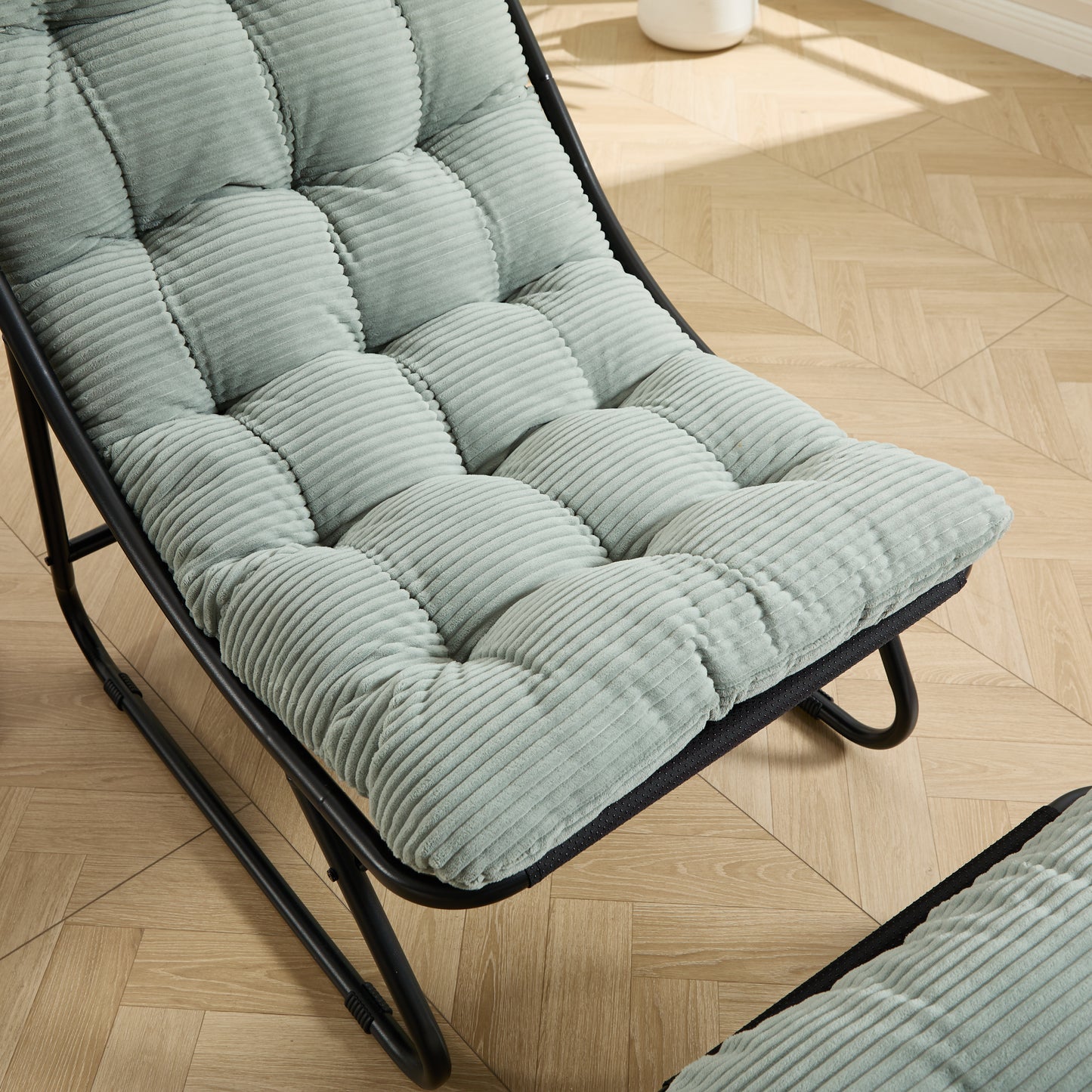 Patio Outdoor Lounge Chair with Ottoman, Comfy Sling Recliner Chair with Puffy Cushion and Foot Stool,  Ideal for Living Room, Bedroom, Reading Room, Black frame with light green Cushion