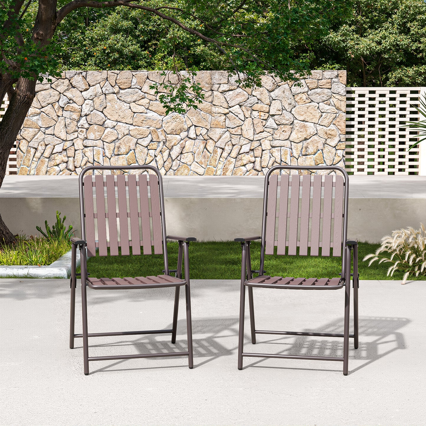 BROWN - [Instant Setup] 2-Piece Folding Chair, No Assembly Required, 350lb Capacity, Rust-Resistant & Stain-Proof for Balcony/Garden