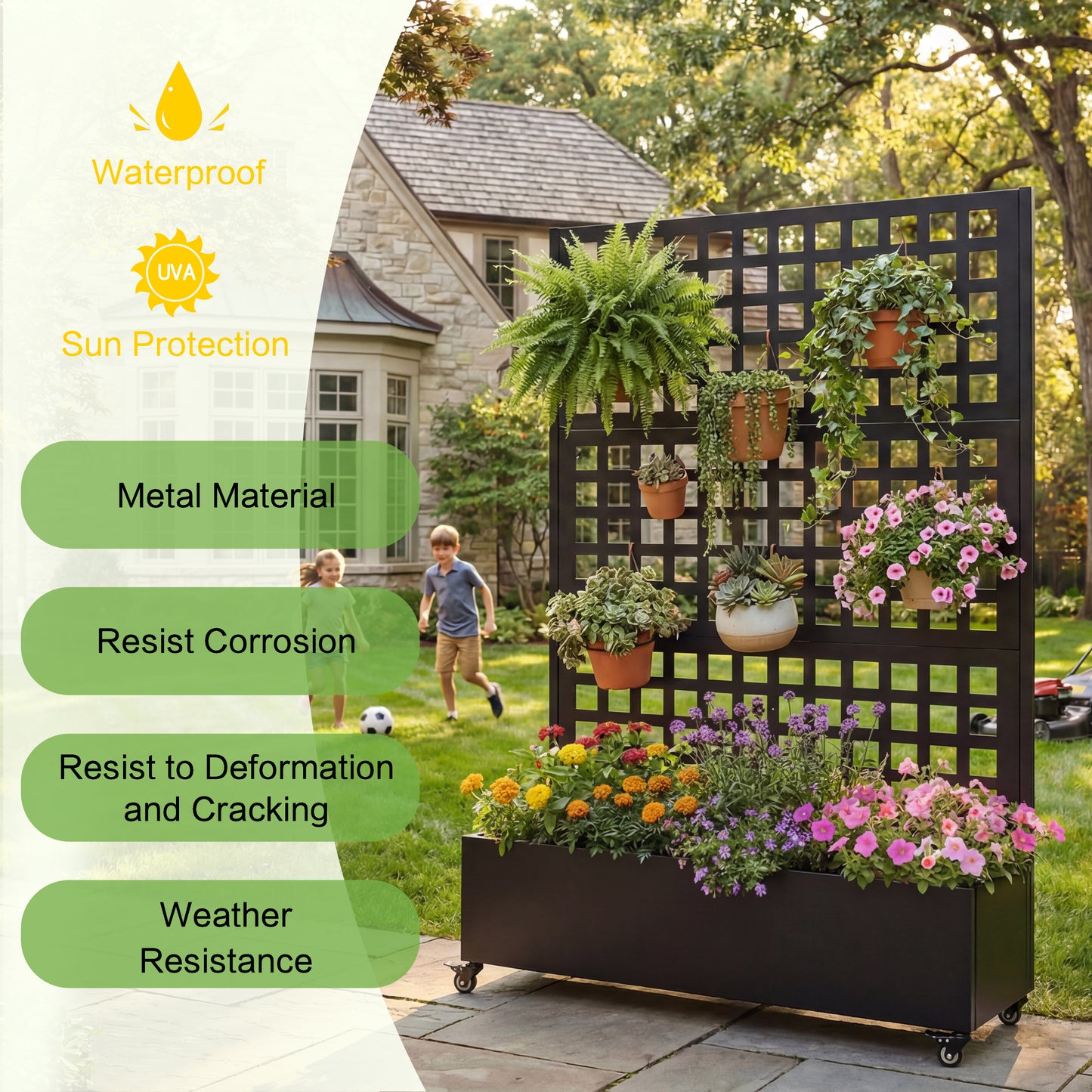 Metal Raised Garden Bed with Wheels and Trellis,73"x47"x16" Planter Box for Climbing Plants, Vegetables & Vines, Features Privacy Screen and Drainage Holes