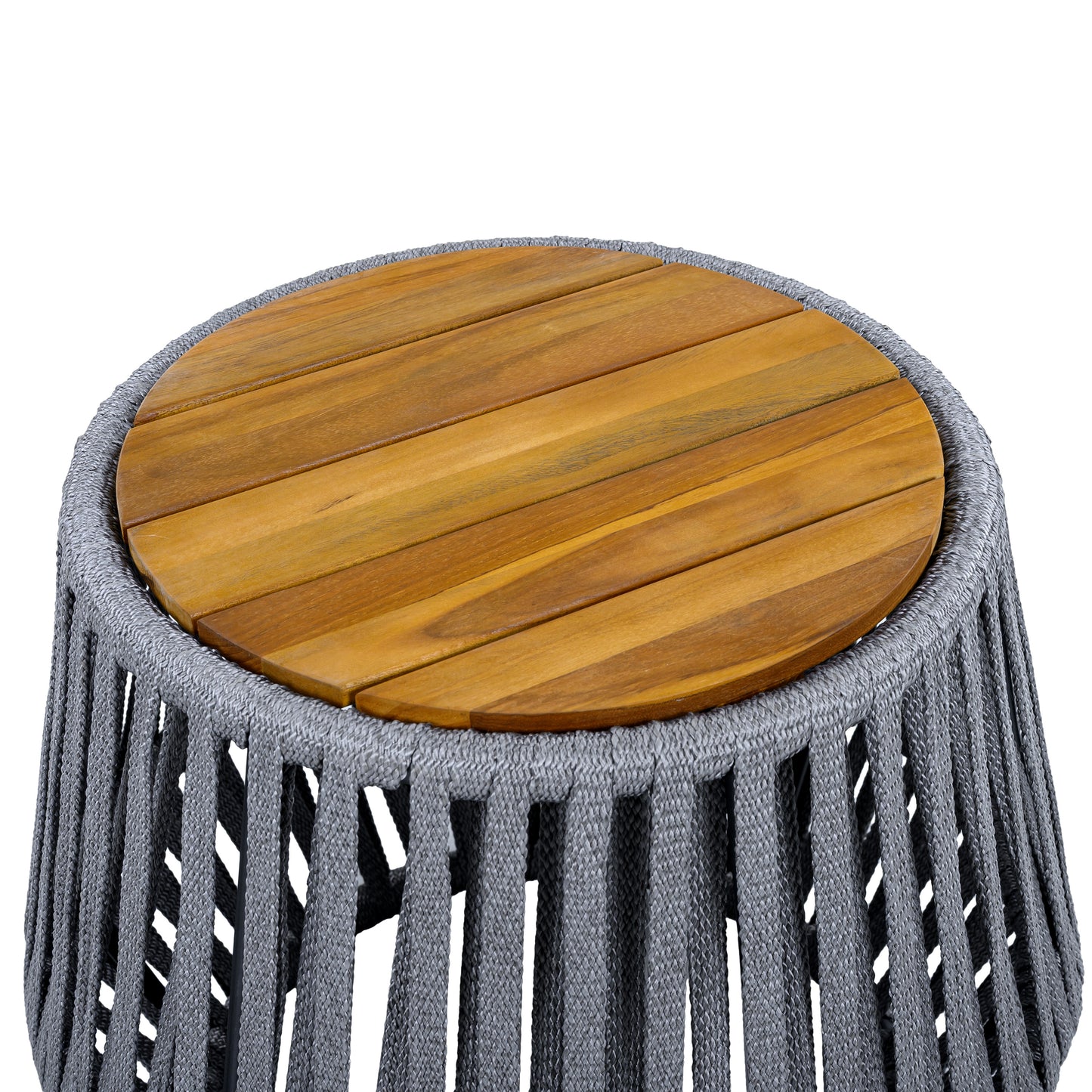 Outdoor Side Table with Rope and Acacia Wood - Teak Finish, 100 LBS Capacity, Weather-Resistant, Grey Rope Design