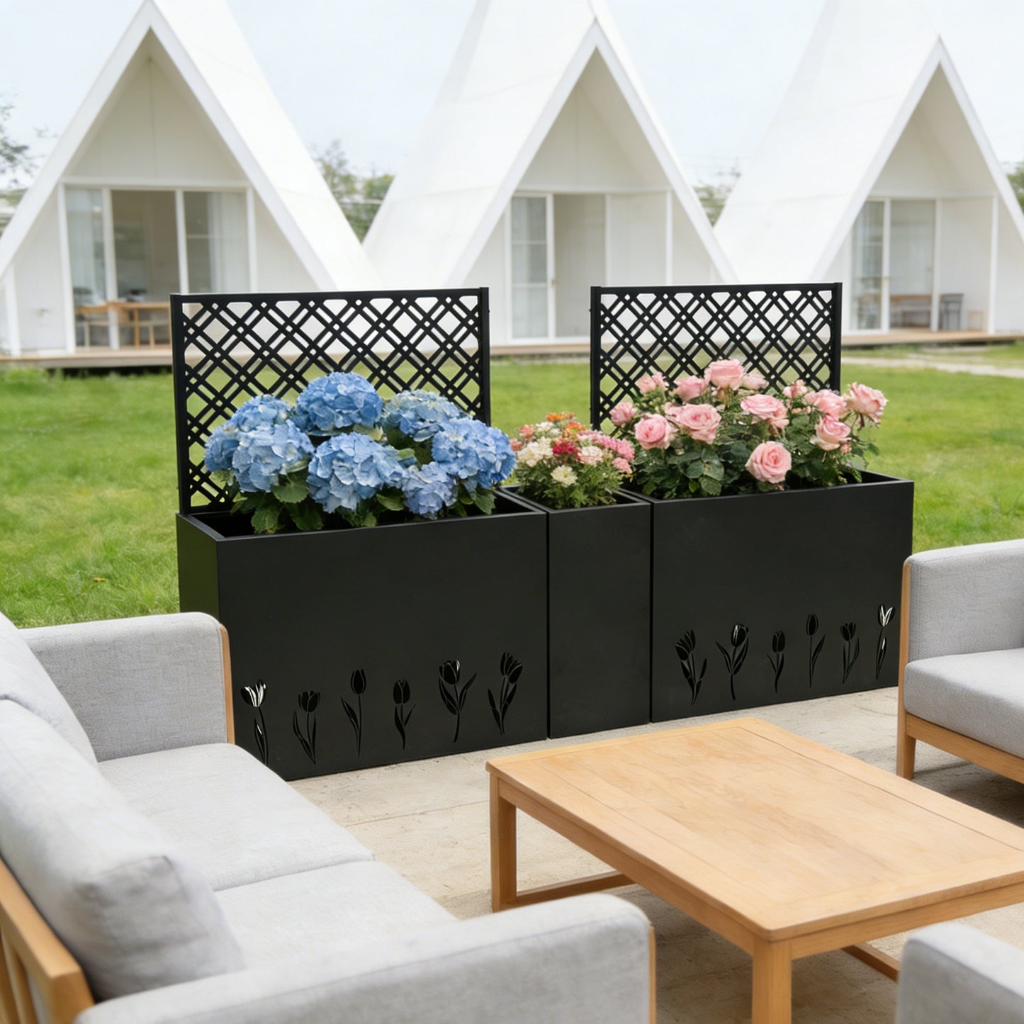 Metal Planter-Trellis Combo (Set of 3) - Raised Garden Bed, Flower Trellis & Privacy Screen for Patio, Balcony, Garden, Rust-Resistant Planter Box with Drainage Holes, 23.6in Depth Planting Bed, Tulip