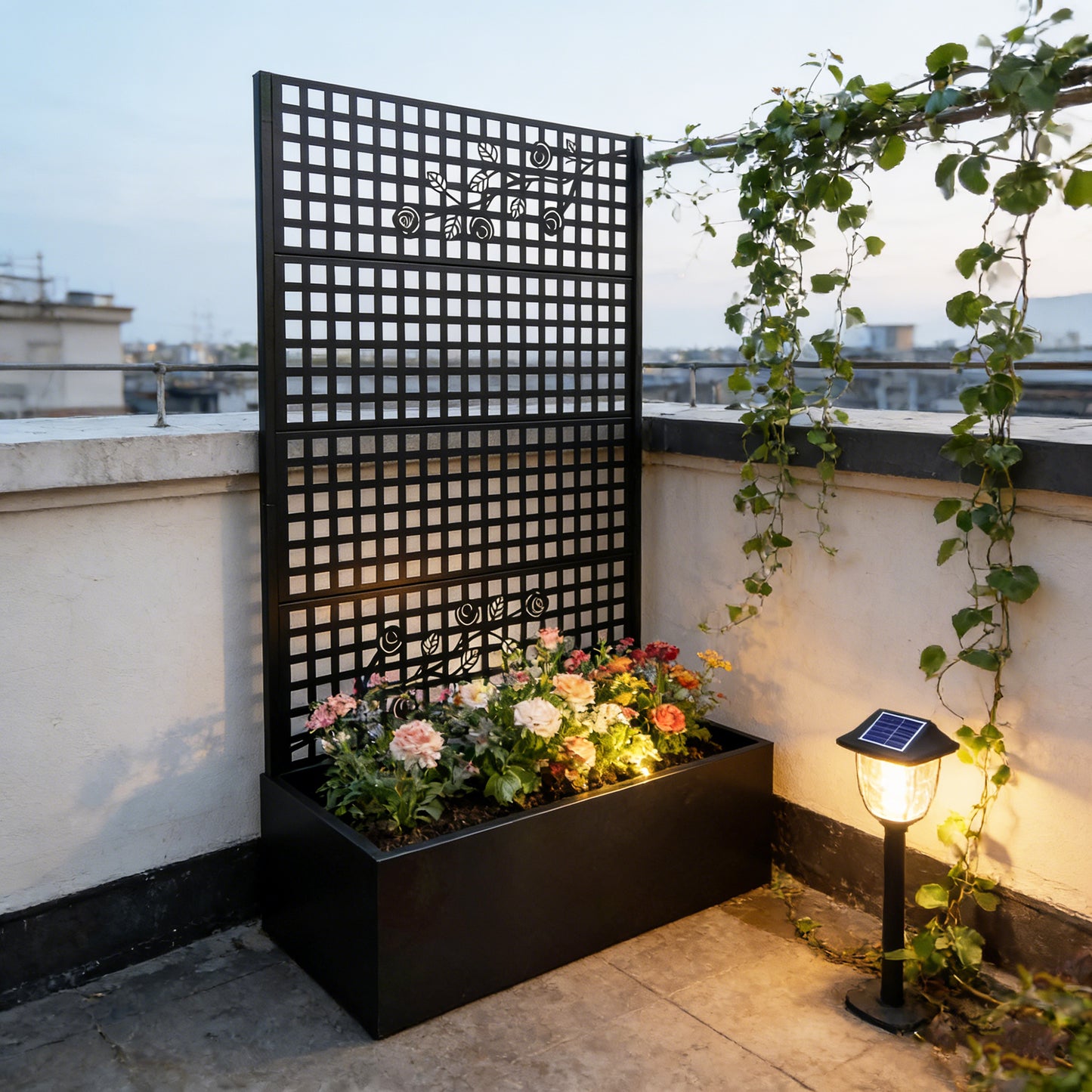 Metal Planter Box with Trellis 70.9in H x 43.3in W x 15.8in D - Outdoor Raised Garden Bed with Privacy Screen Lattice Panels for Patio Decoration for Backyard Patio Balcony, Rose Black