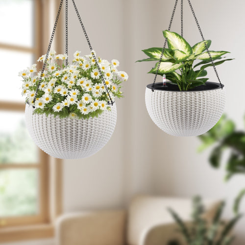 White Resin Hanging Basket, Self Watering Hanging Basket for Indoor Outdoor Plants Hanging Flowerpots for Balcony 2-Pack