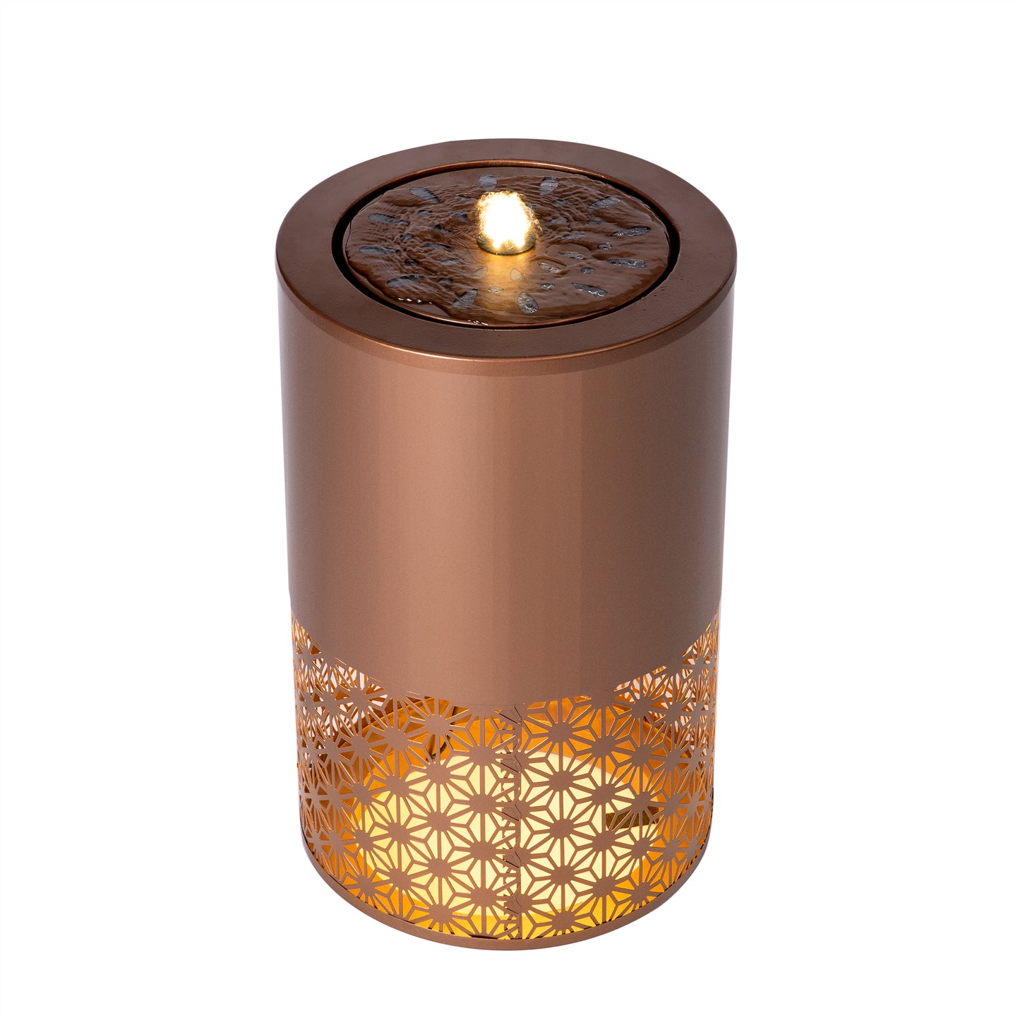 20.87"H Brown Metal Cutout Outdoor Water Fountain with LED Lights, Modern Freestanding Candle Style Water Feature for Patio Backyard Decor