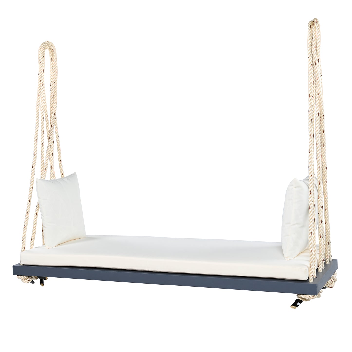TOPMAX Patio Wooden Swing Chair, Hanging Porch Swing Bench with Cushion&Pillows, 10.8Ft Hemp Ropes for Garden,Backyard, Lawn,Gray