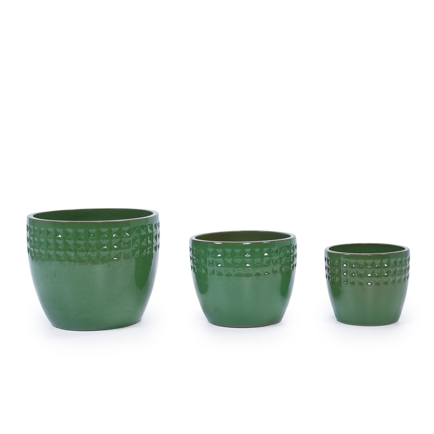 Handmade Ceramic Planter Set of 3, 15/12/9 Inch Diameter, Green Diamond Pattern, for Orchids & Succulents Indoor/Outdoor Use on Windowsill & Bookshelf, Breathable Clay