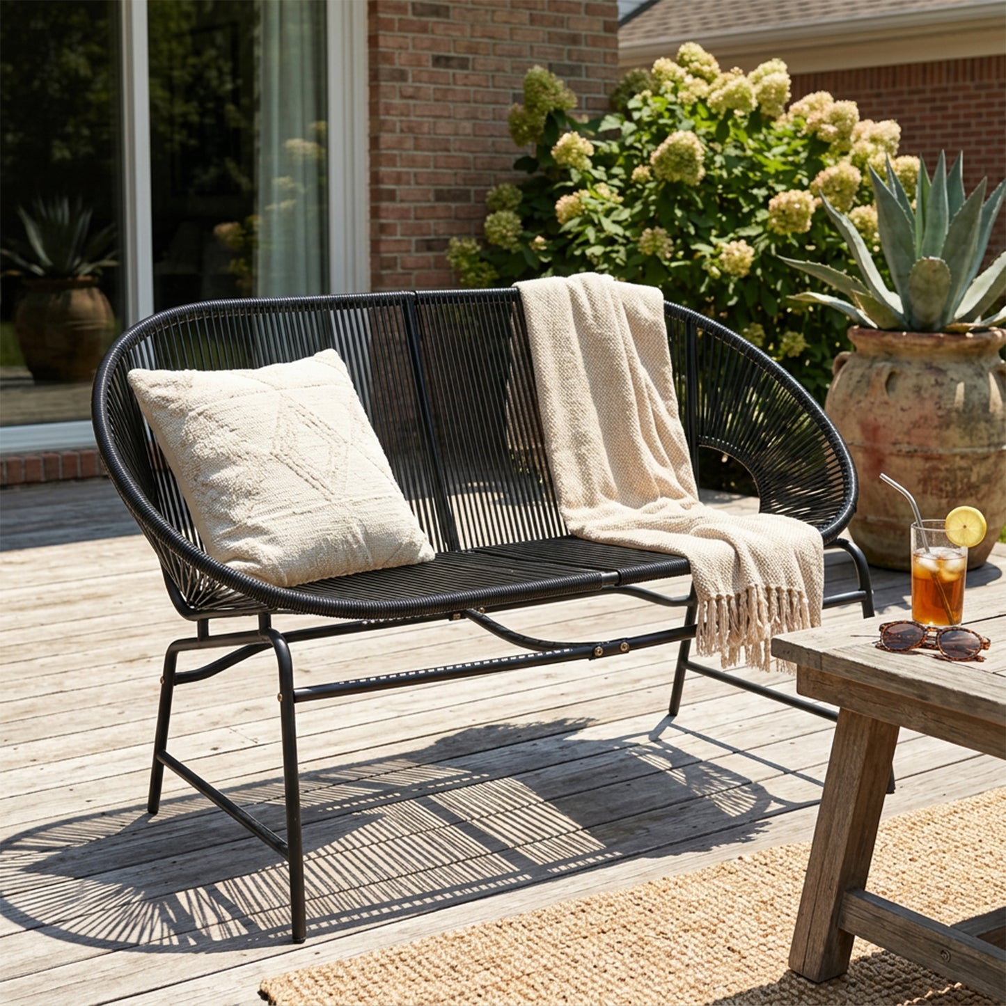 CONDESSA OUTDOOR PATIO WICKER LOVE SEAT, BLACK PE RATTAN & IRON FRAME, SET OF 1
