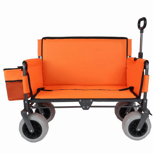 3-in-1 Folding Wagon with Bench Seat – patent protection, Includes 1 ice pack, 500lbs Capacity, 9"x4" Beach Tires for Camping & Beach, orange