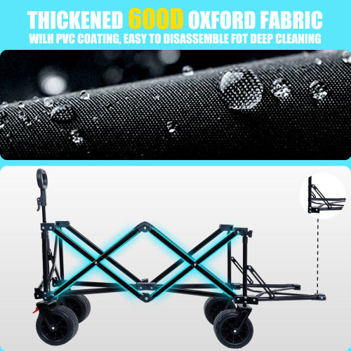 Foldable Wagon with Extended Tailgate, Extra Long Extender Wagon Cart,Beach Wagon Cart Heavy Duty 400LBS with Large All-Terrain Beach Wheels, Black