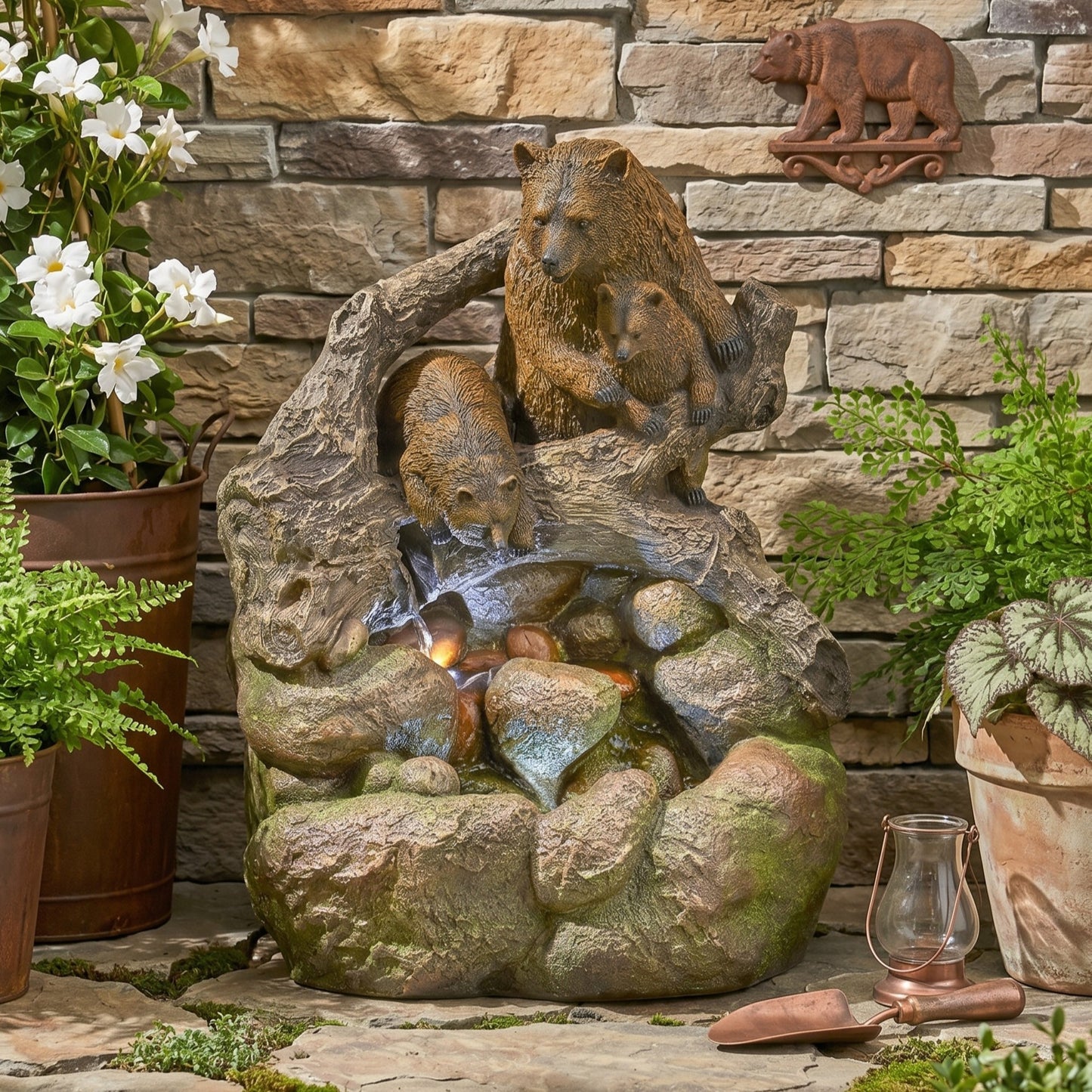 24.75" High CALLAN FOUNTAIN Weather Resistant Floor Fountain with Light, Light Brown + Moss