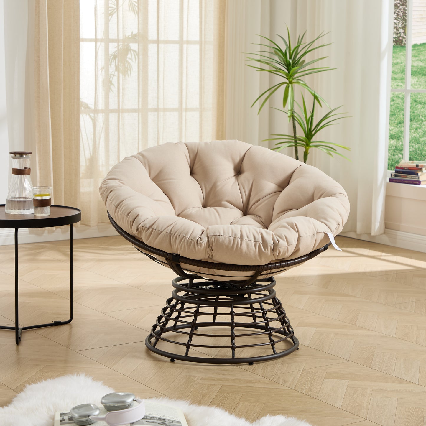 Comfortable Ergonomic Wicker Papasan Chair, 360° Swivel Indoor Outdoor Rattan Chair with Soft Thick Cushion, Ideal for Living Room, Bedroom, Reading Room, Brown Frame with Beige Cushion