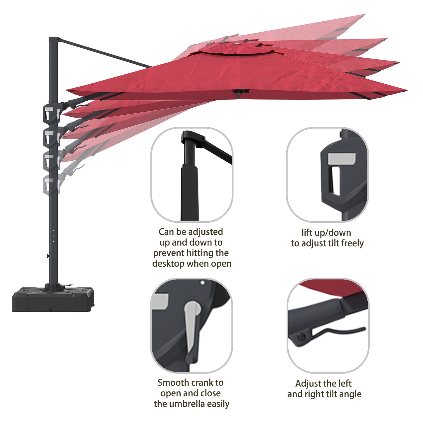 11FT Square Cantilever Patio Umbrella in Red (without Umbrella Base)
