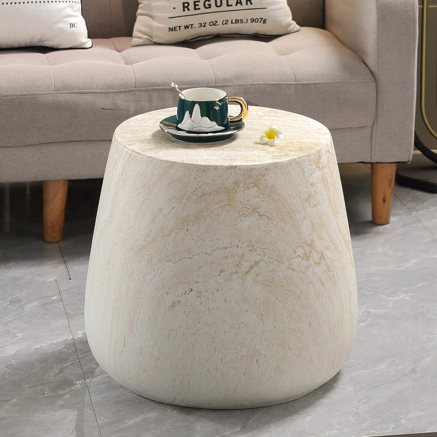 Light Travertine Finish Magnesium Oxide Tapered Side Table   14.57" Top Diameter Round End Table