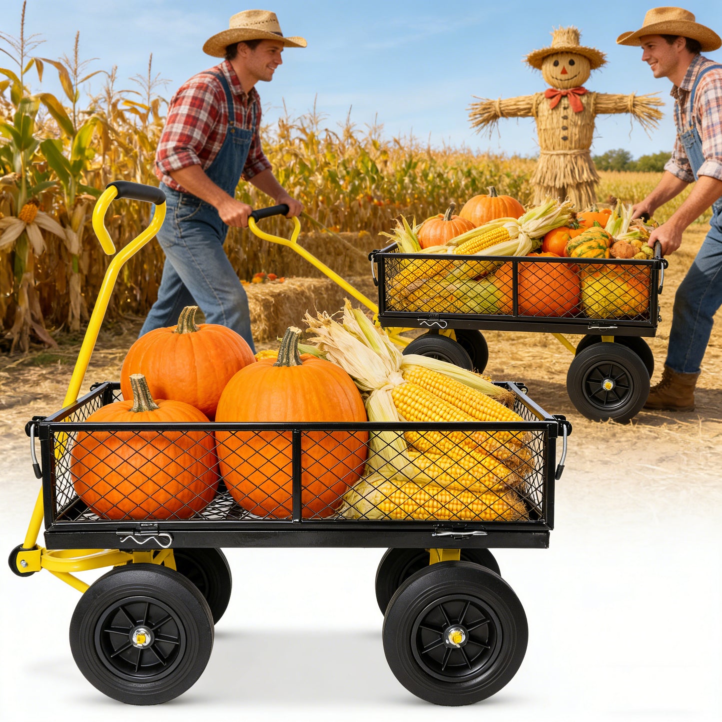 (Black +Yellow solid wheels wagon cart)Solid wheels Tools cart Wagon Cart Garden cart trucks make it easier to transport firewood