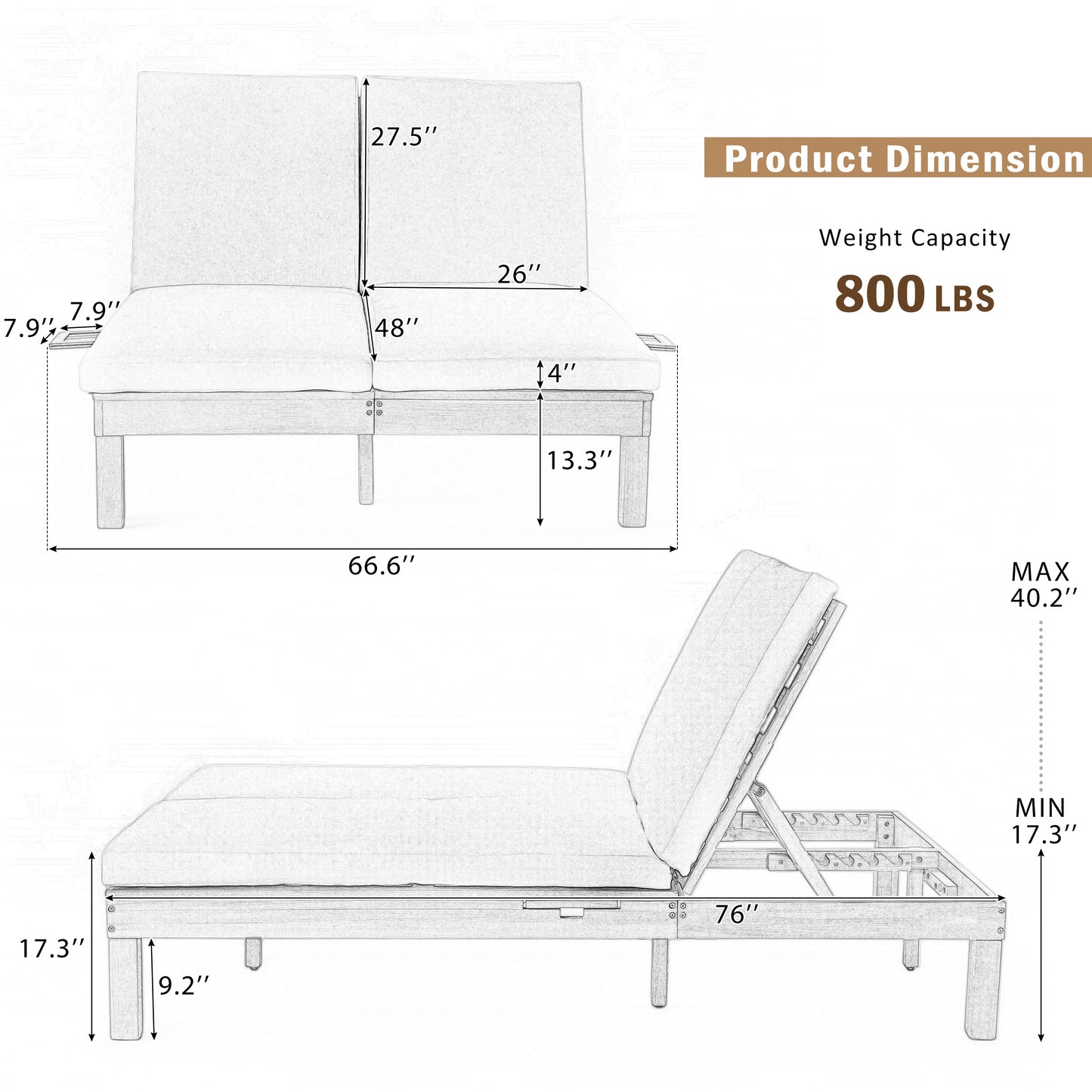 TREXM 5-Position Adjustable Backrest Double Chaise Lounge Outdoor, Outdoor Chaise Lounge with Cushion and Folding Side Trays for 2 People, Patio Double Chaise Lounge for Poolside Garden, Light Teak