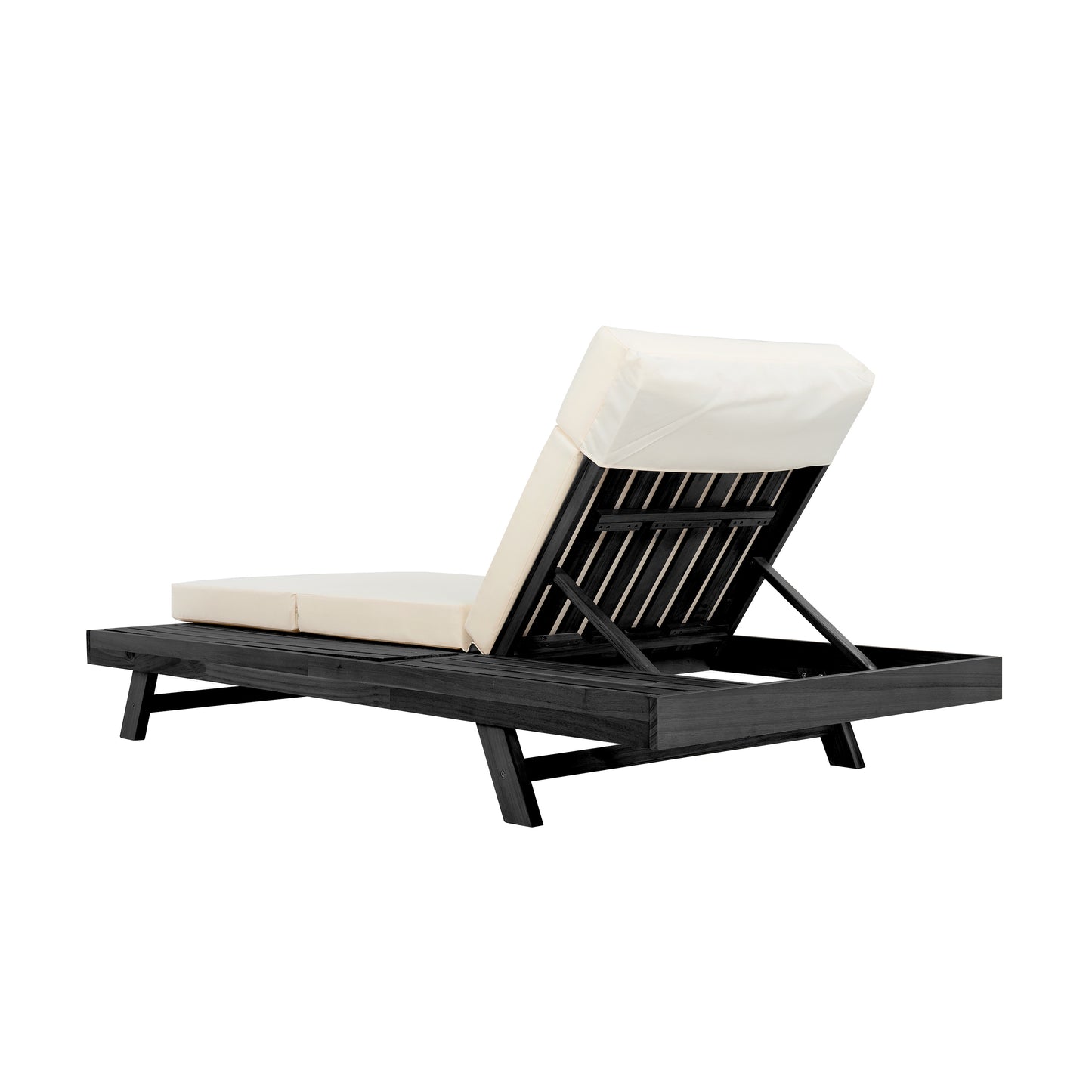 Lounge Chaise Set With Headrest, Space Available On One Side, Acacia Wood In Black With Water-Resistant Lounge Cushions (Beige & 3-Fold & 4 Inch) – Matching Dark Grey/Cream Version Available
