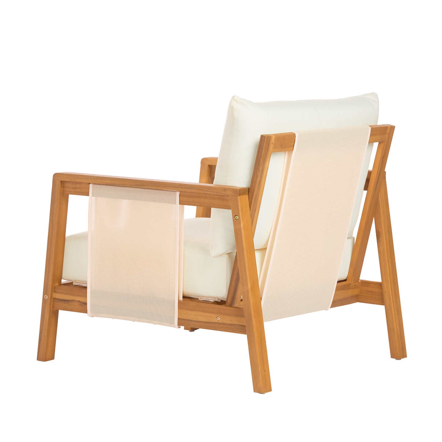 Outdoor Club Chair, Acacia Wood Frame with Brown Textilene Accents, Water-Repellent Beige Cushions for Patio/Backyard/Deck