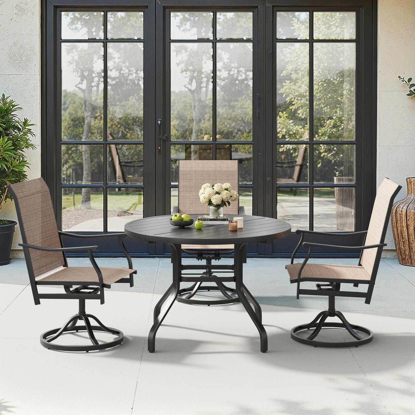 Round Outdoor Dining Table, 41" Round Patio Table Wood-Like Grain with 1.57" Umbrella Hole, Metal Outdoor Dining Tables for Backyard and Poolside