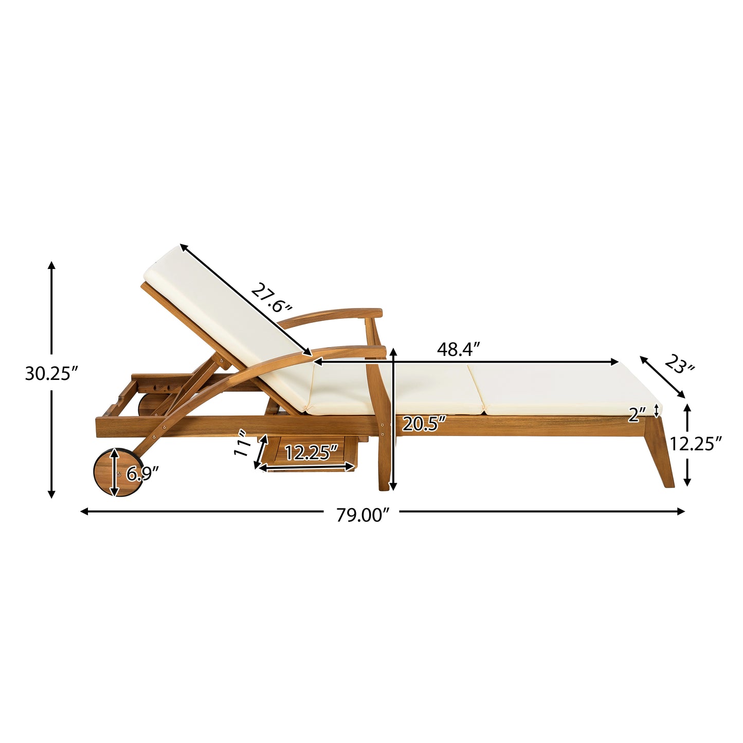 CHAISE LOUNGE WITH WHEEL - ACACIA WOOD RECLINER FOR PATIO/GARDEN, WITH 2INCH WHITE CUSHION, 4-POSITION ADJUSTABLE BACKREST, VERSATILE OUTDOOR FURNITURE
