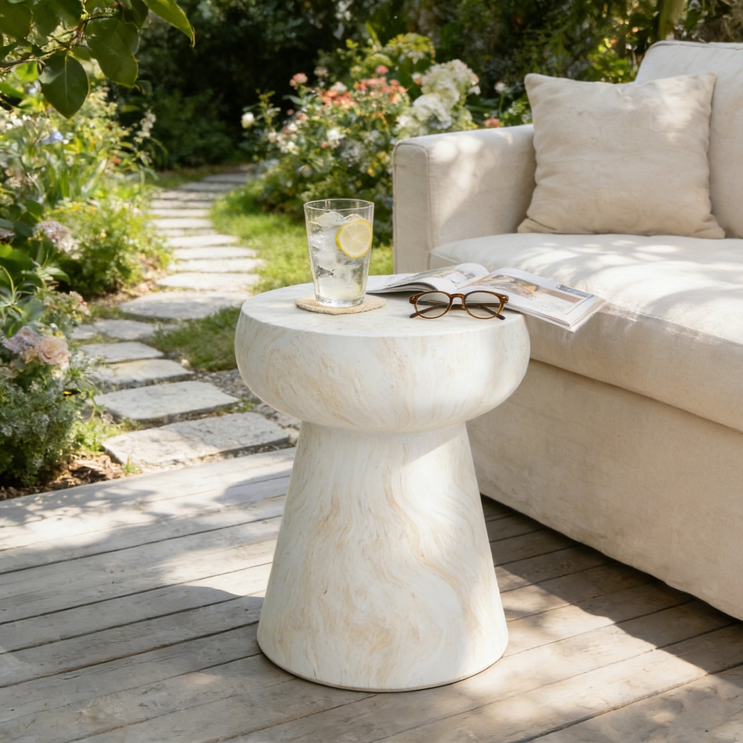 U_Style Mushroom-Shaped Design Outdoor Side Concrete Tables , Modern Geometric Pedestal End TableMulti-Functional & Decorative Coffee Table for Patio Indoor Outdoor